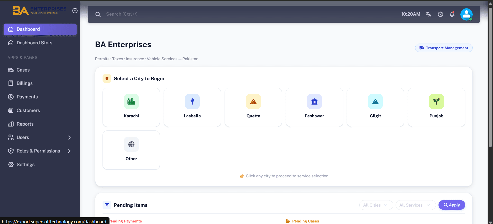 BA Transport ERP — screen 1
